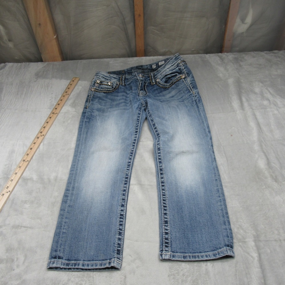Miss‎ Me Jeans Womens 29 Blue Denim Signature Cuffed Capri Whisker Fade 29x22
